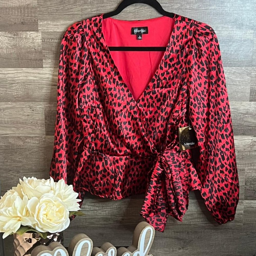 NWT. Medium Red Animal Print Satin Wrap V-Neck Blouse - Picture 1 of 2